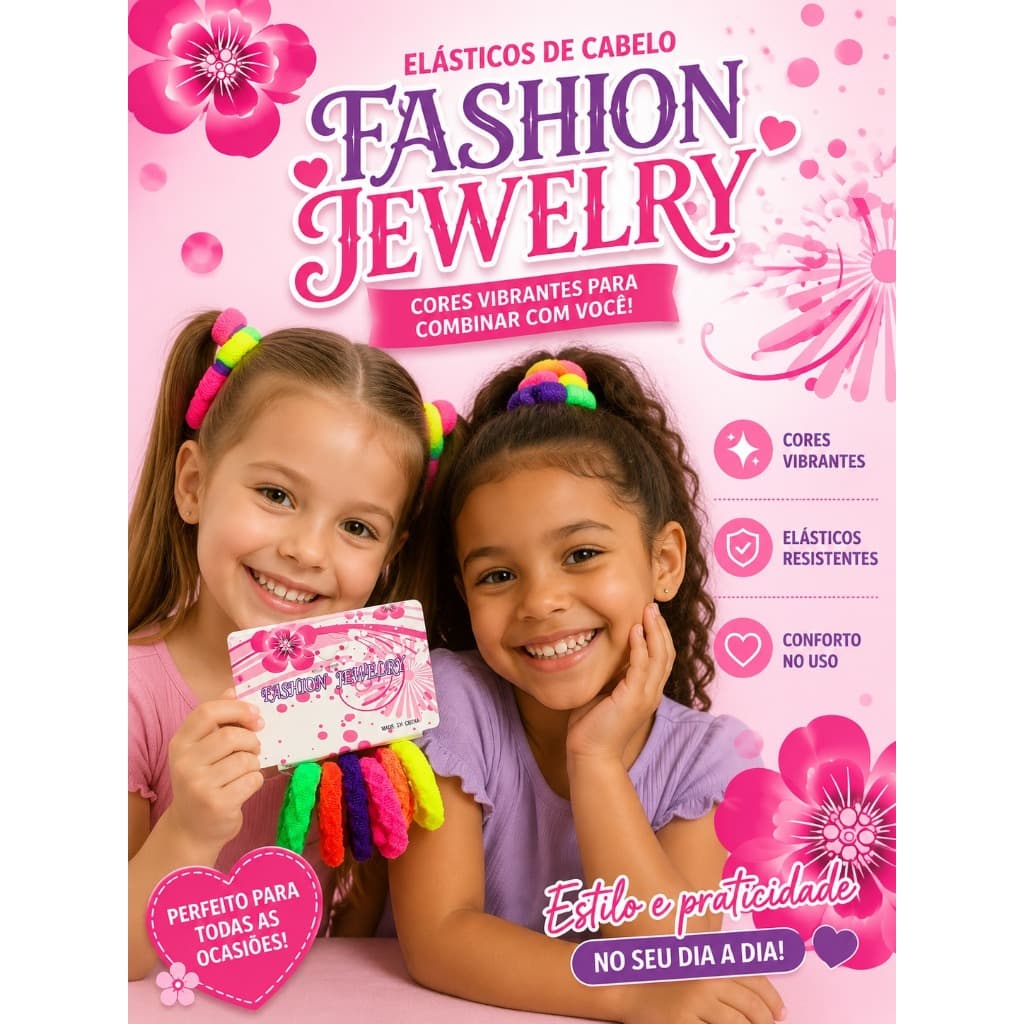 Kit Elásticos de Cabelo Infantil Coloridos Fashion Jewelry 6 Unidades Macios e Resistentes
