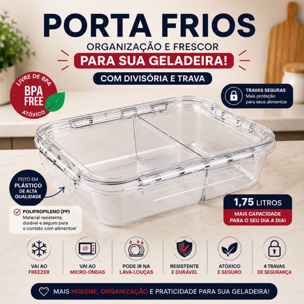 Porta Frios 1,75L Com Divisória 4 Travas Hermético BPA Free Pote Organizador Transparente Micro-ondas Freezer Lava Louça