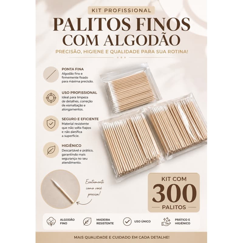 Kit 300 Palitos com Algodão para Unhas Profissional Limpeza de Esmalte Nail Art Manicure Pedicure