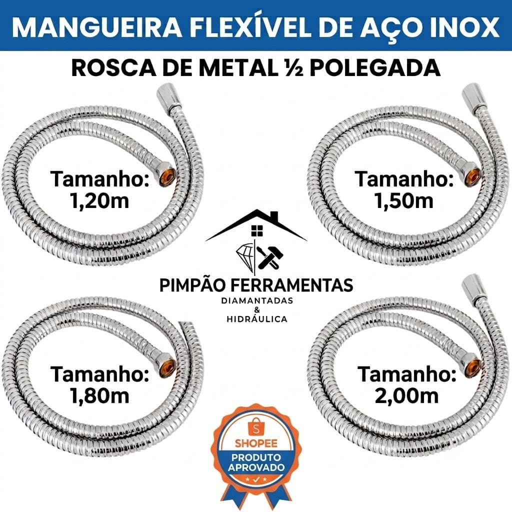 Engate Mangueira Flexível Aço Inox 1,20m 1,50m 1,80m Ou 2,00m Para Ducha Higiênica Chuveiro Pet Shop Quintal
