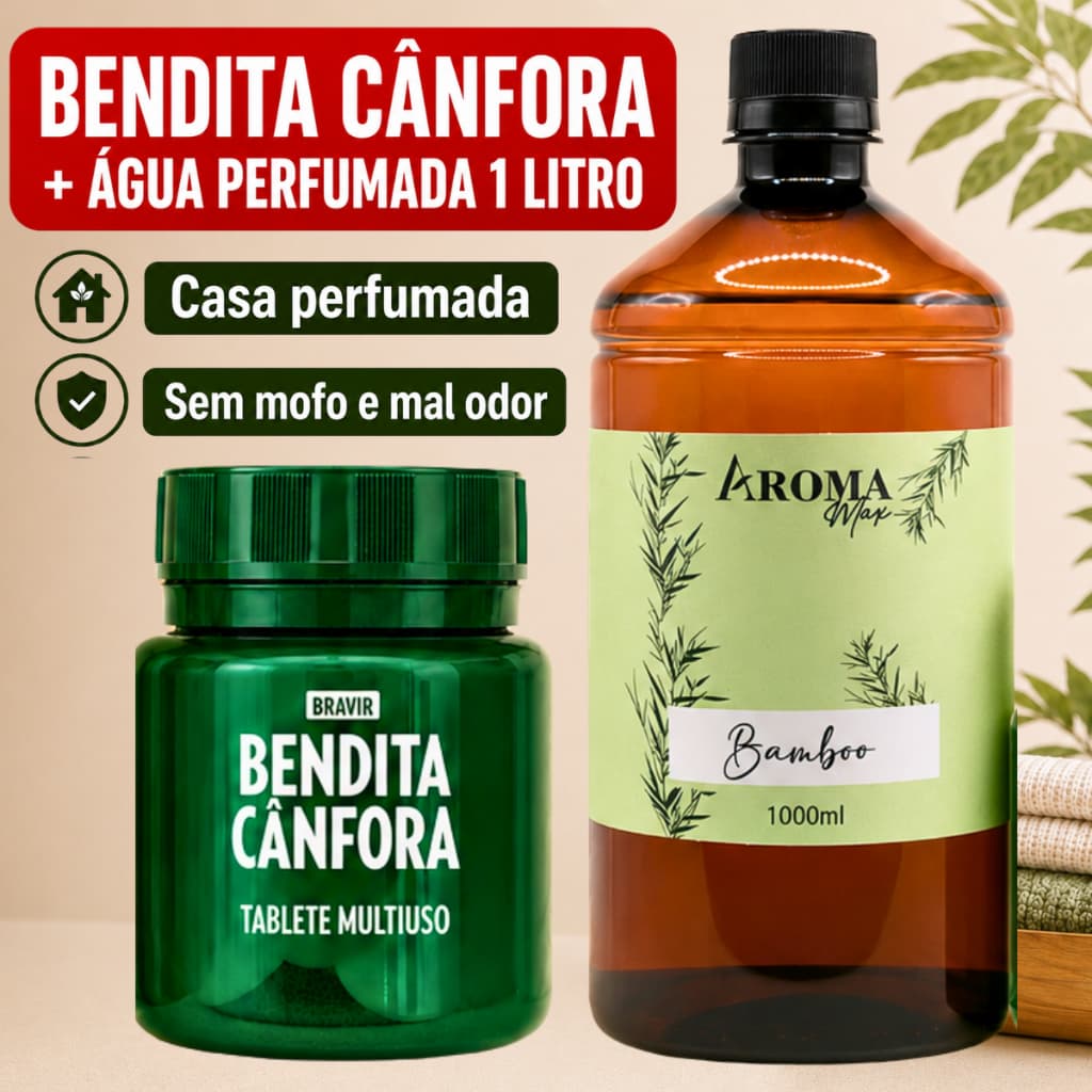 Kit Bendita Cânfora + Água Perfumada 1 Litro Aromatizador de Ambiente Roupas Afasta Mofo Insetos