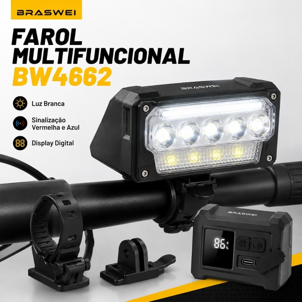 Farol Bicicleta 9 LEDs USB-C Recarregável Display de Bateria Sensor de Luz Sinalização Vermelha e Azul BRASWEI BW4662