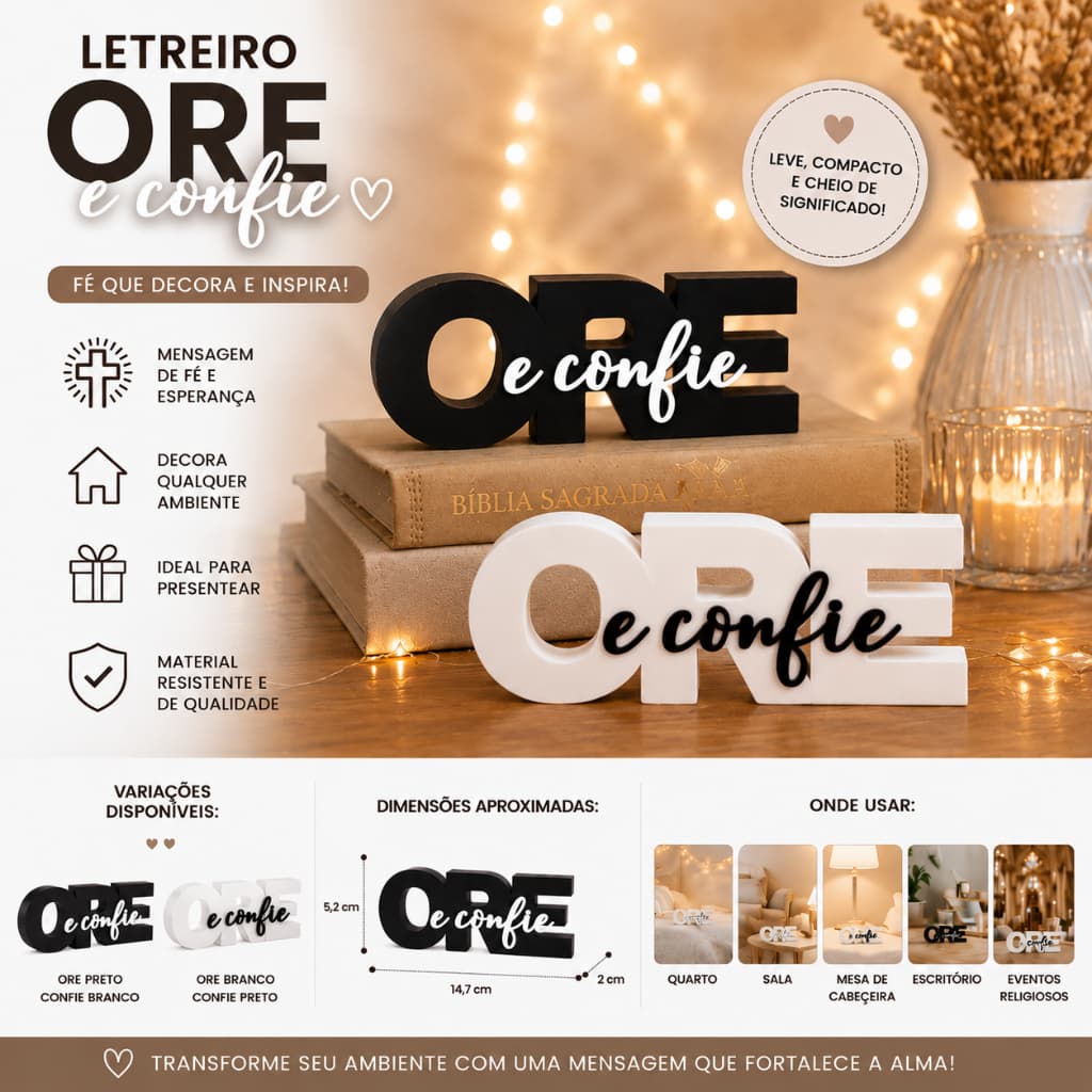 Ore e Confie Enfeite Letreiro  Decorativo Quarto Sala Escritório Mesa Fé Motivacional Inspiração