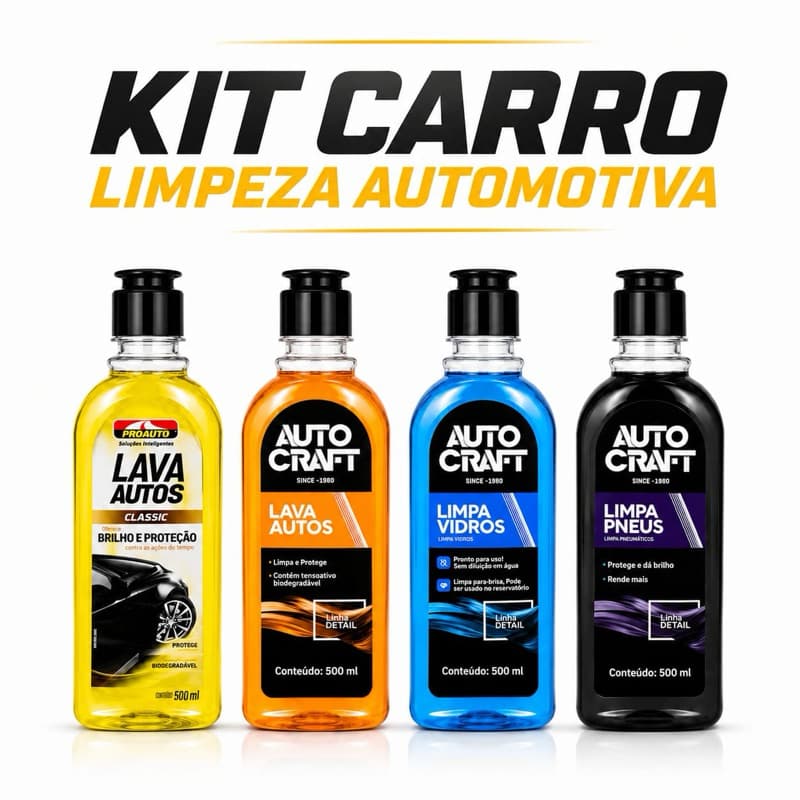 Kit Limpeza Automotiva Lava Autos Limpa Vidros Limpa Pneus 500ml Cuidados para Carro