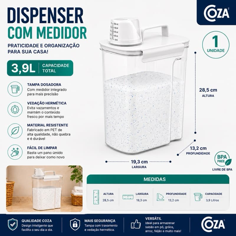 Dispenser com Medidor Coza Porta Sabão em Pó e Amaciante Hermético 1,5L e 3,9L Original