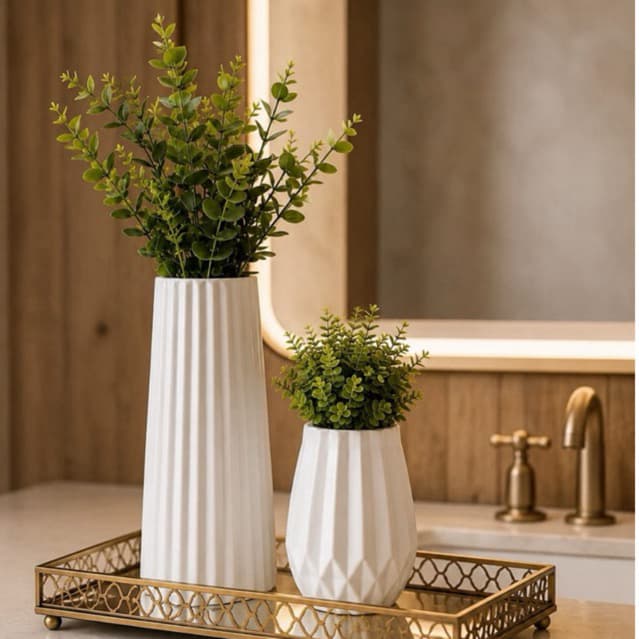 Kit 2 Vasos Decorativos de Gesso Cru para Plantas e Flores Artificiais | Decoração Moderna Minimalista