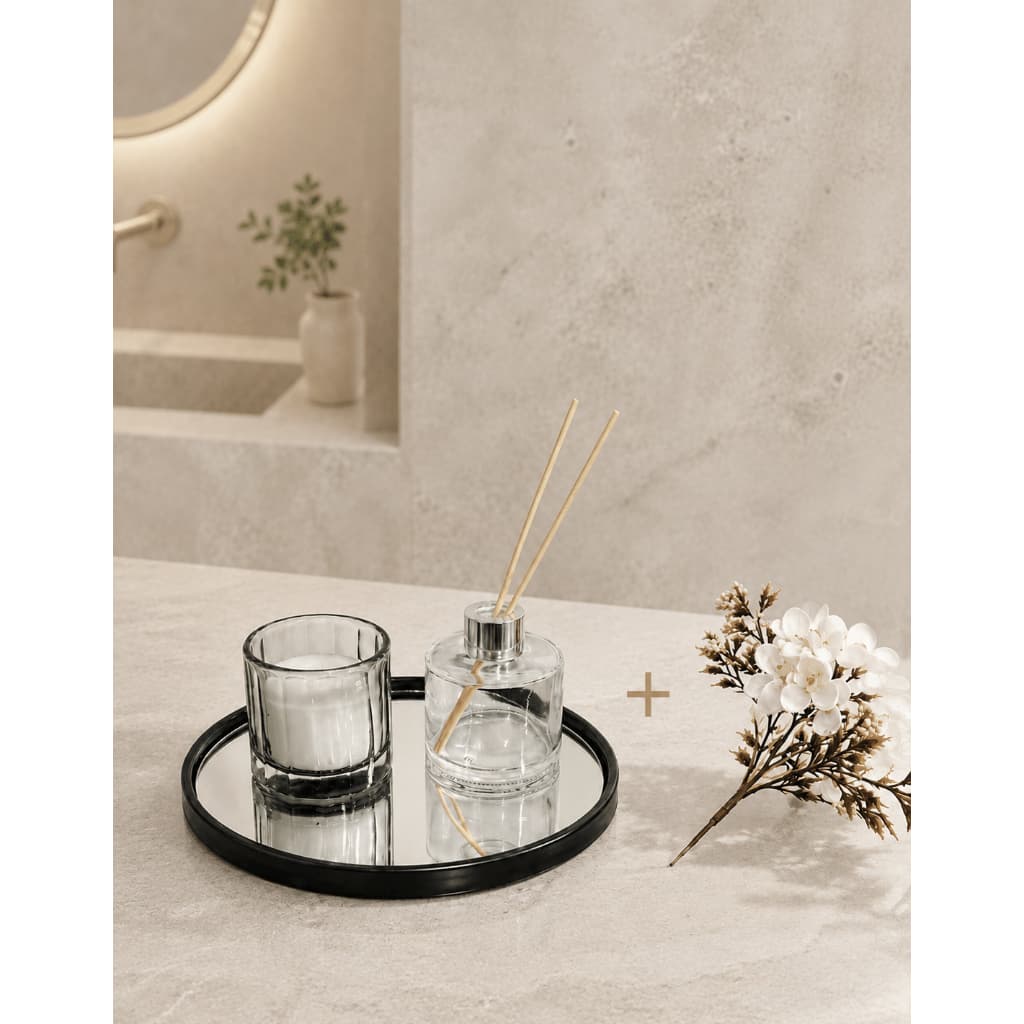 Conjunto Decorativo para Lavabo com Difusor 130ml Vela Bandeja Espelhada e Arranjo Floral de Brinde