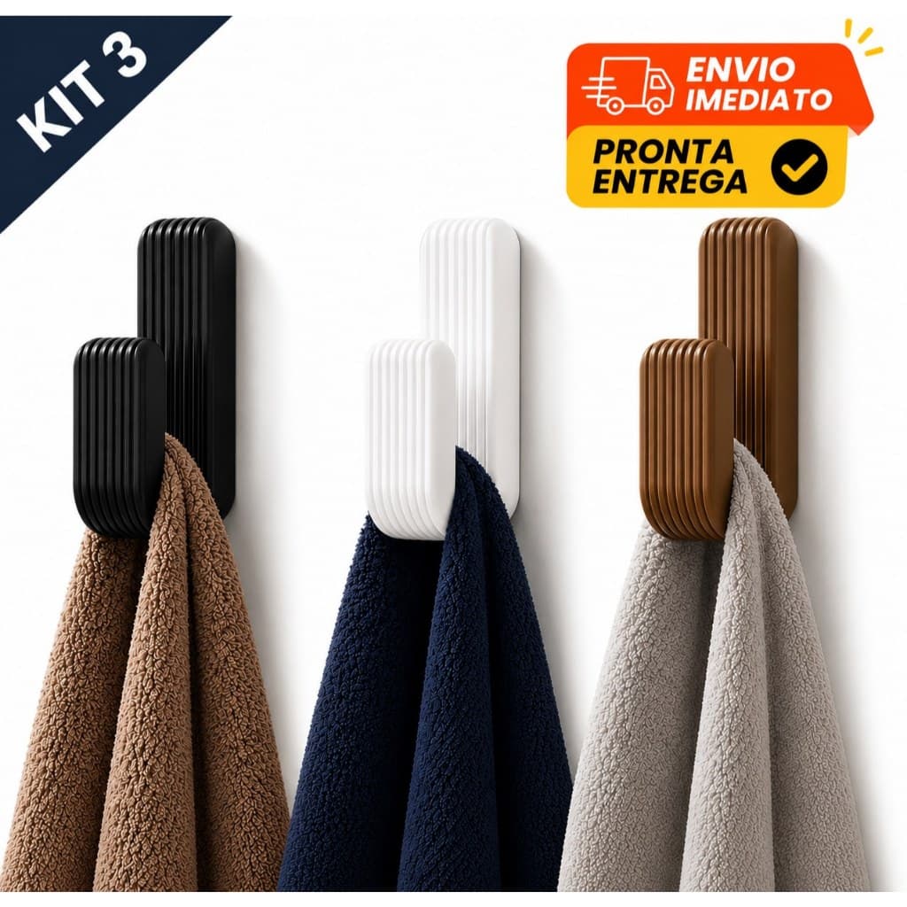 Kit 3 Ganchos para Toalhas de Parede Branco, Marrom e Preto com Fita Adesiva 3M – Sem Furo