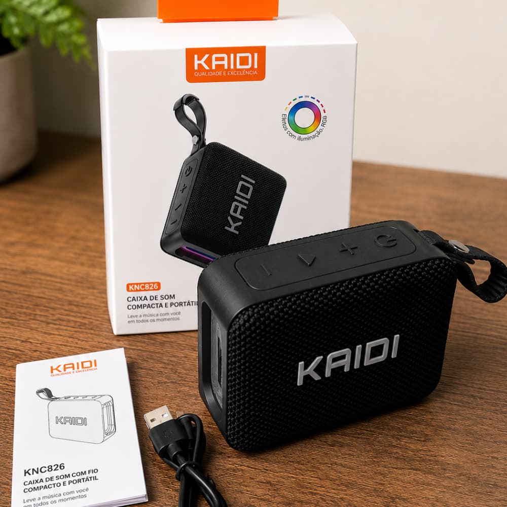 Caixa de Som Bluetooth Portátil Kaidi KNC826 RGB Sem Fio USB TF Tipo-C Som Potente