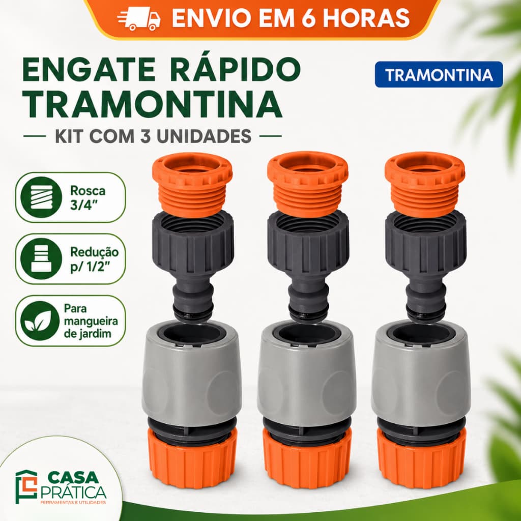 Kit 3 Engate Rapido 3 Adaptador Tramontina Mangueira 1/2 Torneira Rosca 3/4 Reducao Jardim Irrigacao
