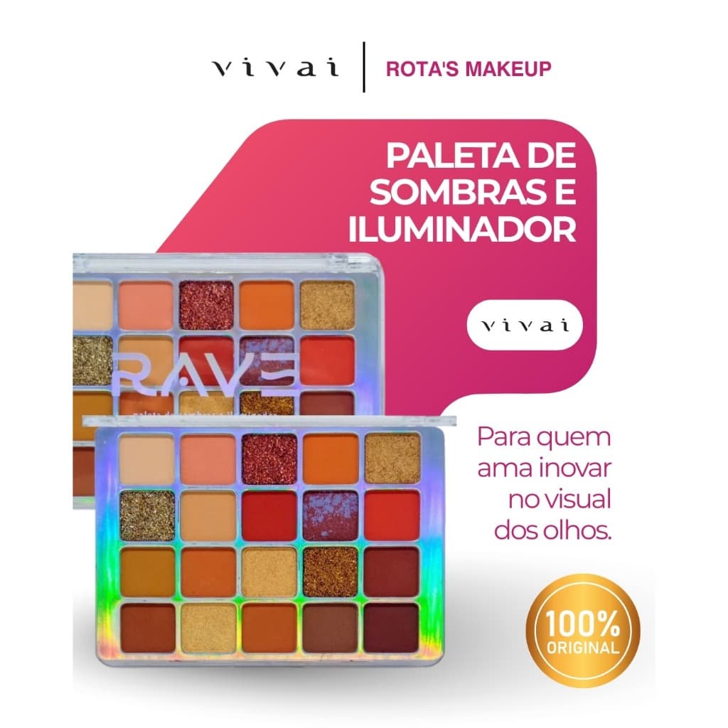 Paleta de Sombras e Iluminador RAVE Vivai 20 Cores Matte e Cintilantes