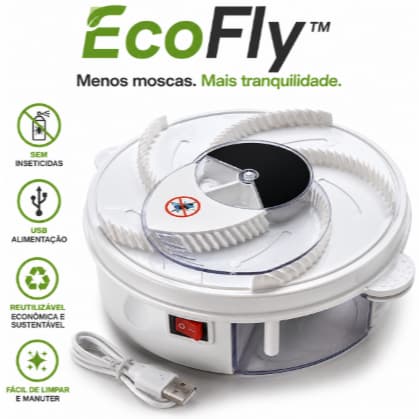Armadilha Elétrica Pega Moscas USB EcoFly™ 20cm Sem Inseticida Reutilizável para Casa e Comércio