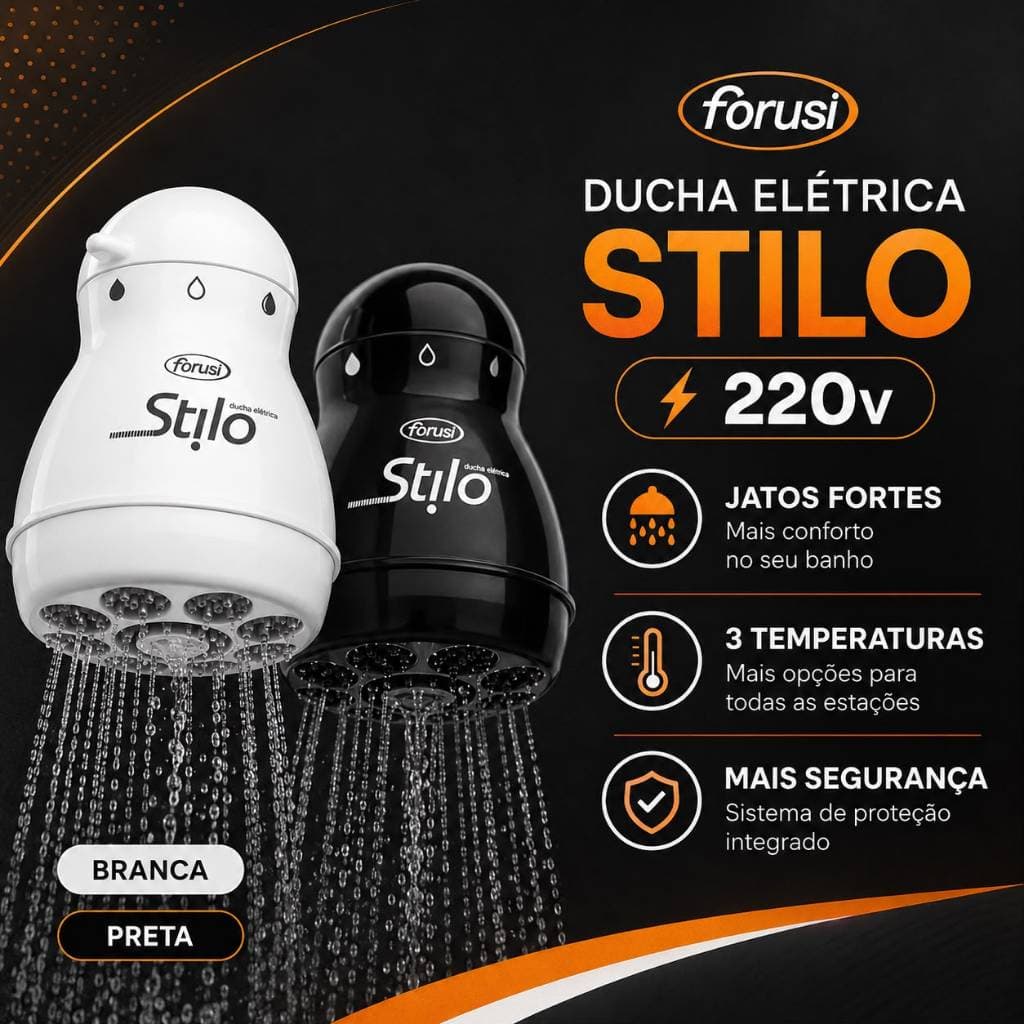 Ducha Chuveiro Elétrico Forusi Stilo 220V 3 Temperaturas Branco ou Preto Original
