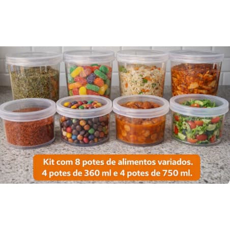 KIT 8 POTES MANTIMENTO(4potes 360 ML 4 potes750 ML) TAMPA COM ROSCA ÓTIMA VEDAÇÃO COR SORTIDA