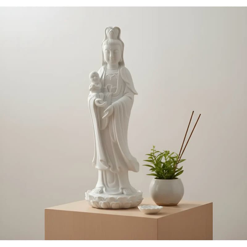 Imagem Kuan Yin Branco Perolado Deusa Amor Decoração Gesso Branco-pérola