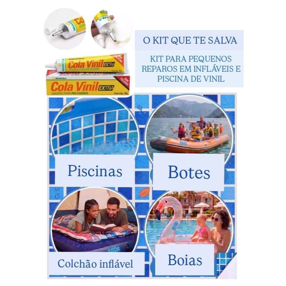 Remendo Para Infláveis e Piscina de Vinil Reparo Furos e Rasgos Lona Vinil 0,20cm x 0,30cm + 1 Cola Bisnaga