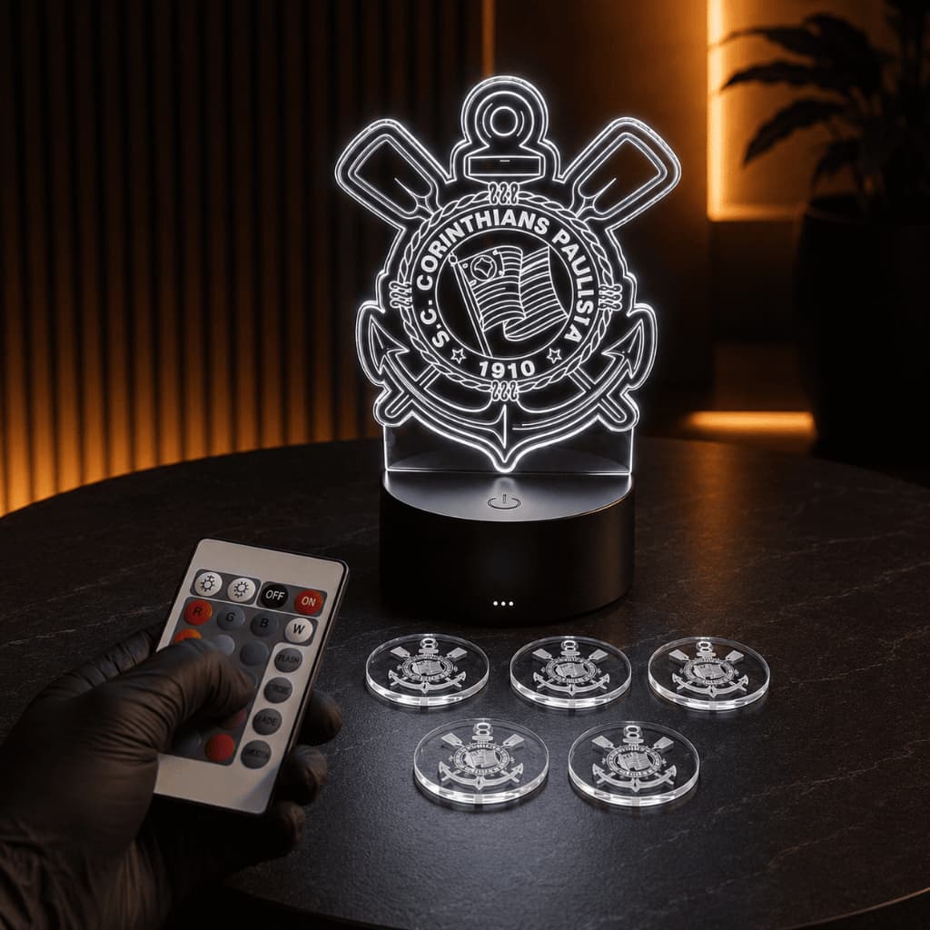Luminária 3D Corinthians com 5 CHAVEIROS + Controle - Luz no acrílico - Decoração Corinthians