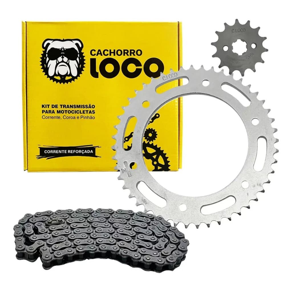 KIT RELAÇÃO TRANSMISSÃO CACHORRO LOCO  BROSS 160 E XRE 190 AÇO 1045