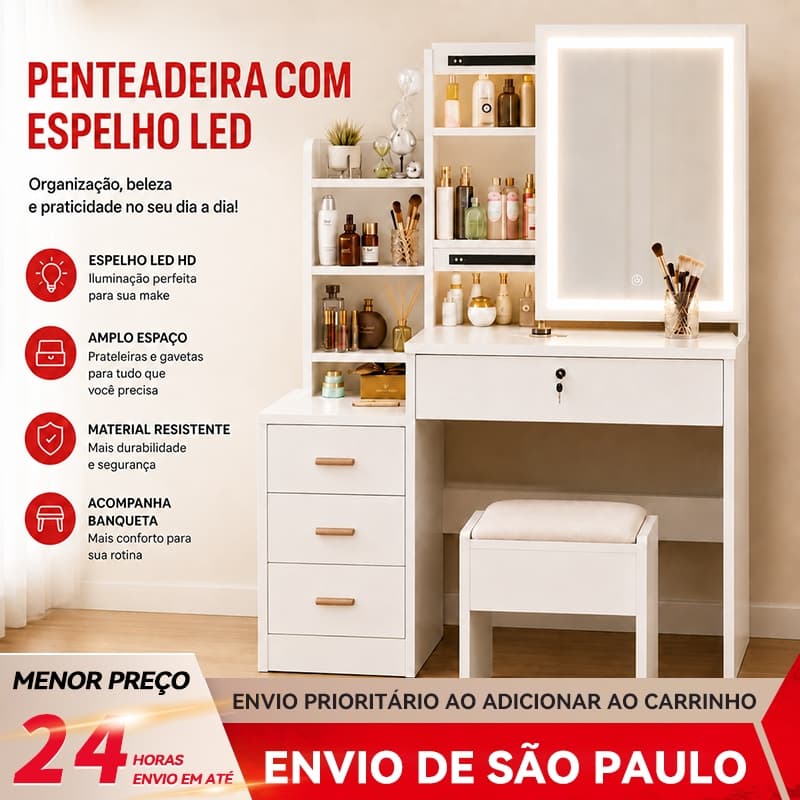 BAIERDI Mesa de maquilhagem com gaveta, penteadeira doméstica com espelho e amplo espaço de armazenamento