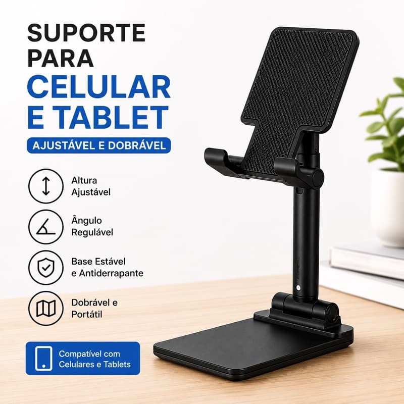 Suporte para Celular de Mesa Ajustável e Dobrável com Altura Regulável, Base Antiderrapante e Design Moderno
