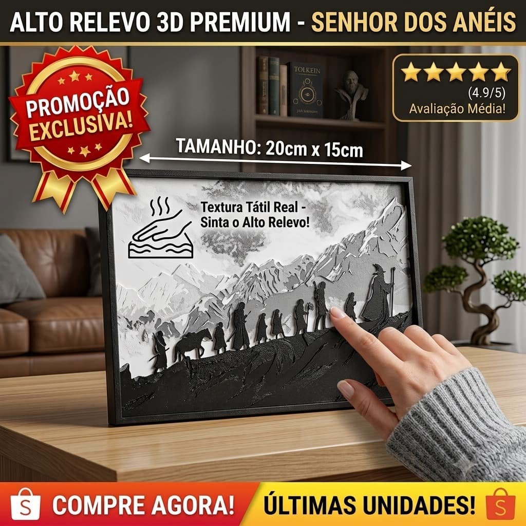 Quadro Decorativo Senhor dos Aneis Sociedade do Anel Relevo 3D 20x15 Moldura Placa Parede Geek Gamer Cinema