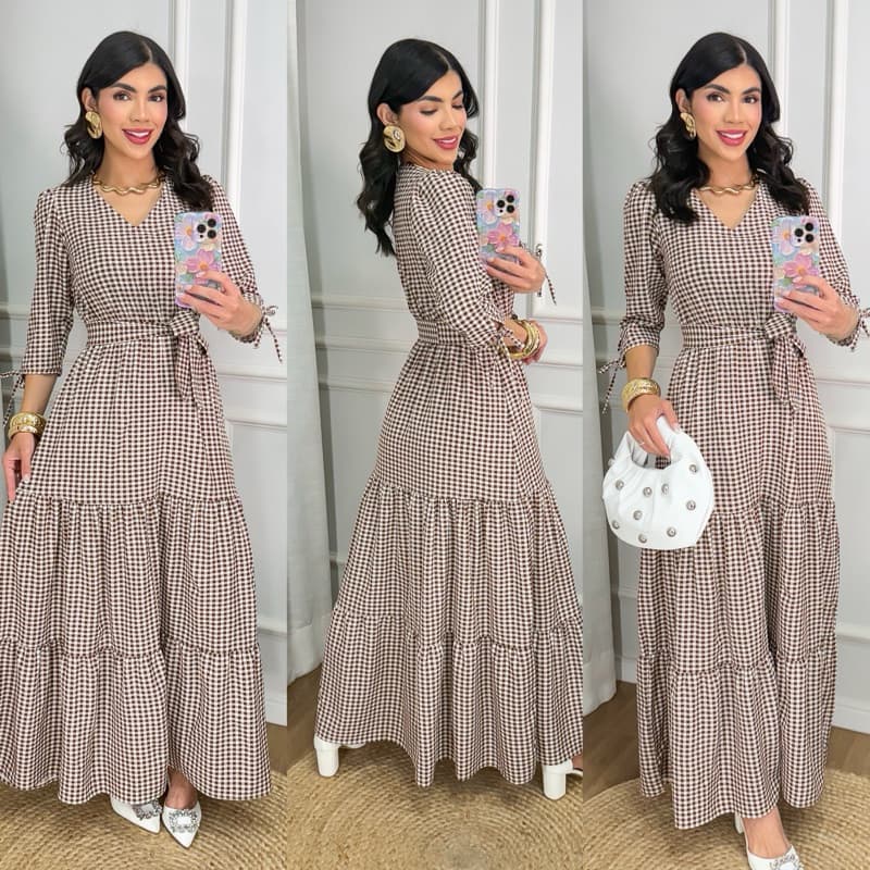 VESTIDO LONGO ESTAMPA XADREZ MANGA 3/4 CREPE SEDA TECIDO QUE NÃO AMASSA