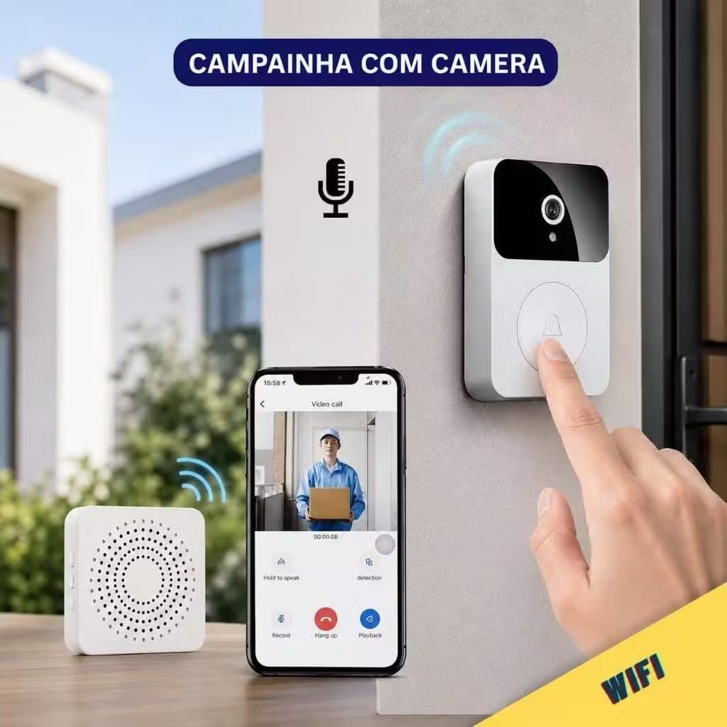 Campainha com Câmera Vídeo Sem Fio | HD Wi-Fi Inteligente | Smart Home | Visualize pelo Celular