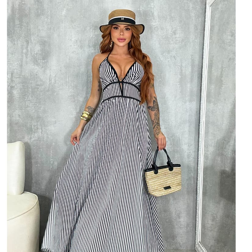 Vestido Feminino com Decote em V com Listras Estilo Casual Elegante