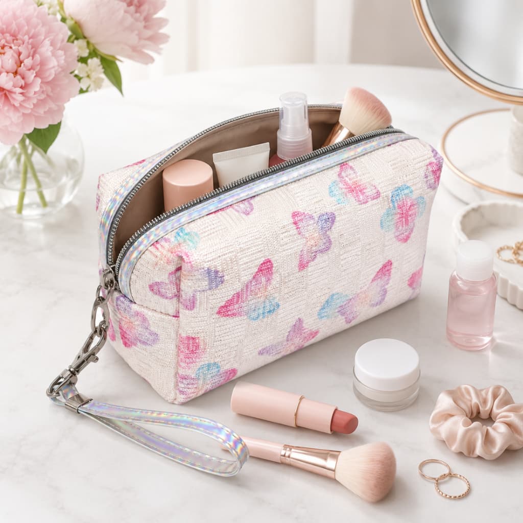 Necessaire Feminina Organizadora Grande Forrada Com Alça Zíper Holográfico Borboletas 20cm