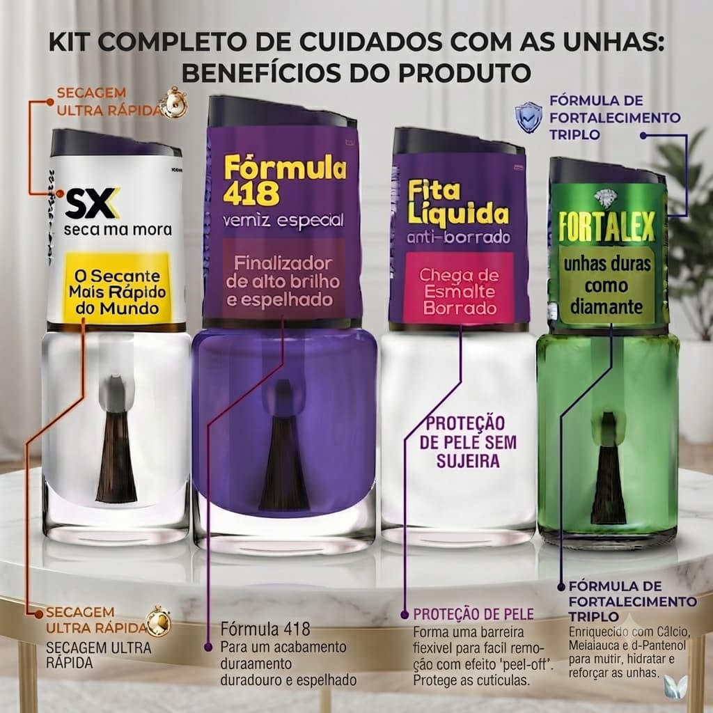 Kit Cora Tratamento para Unhas Completo SX Seca Mais Fórmula 418 Fita Líquida Fortalex Fortalecedor de Unhasa Cora