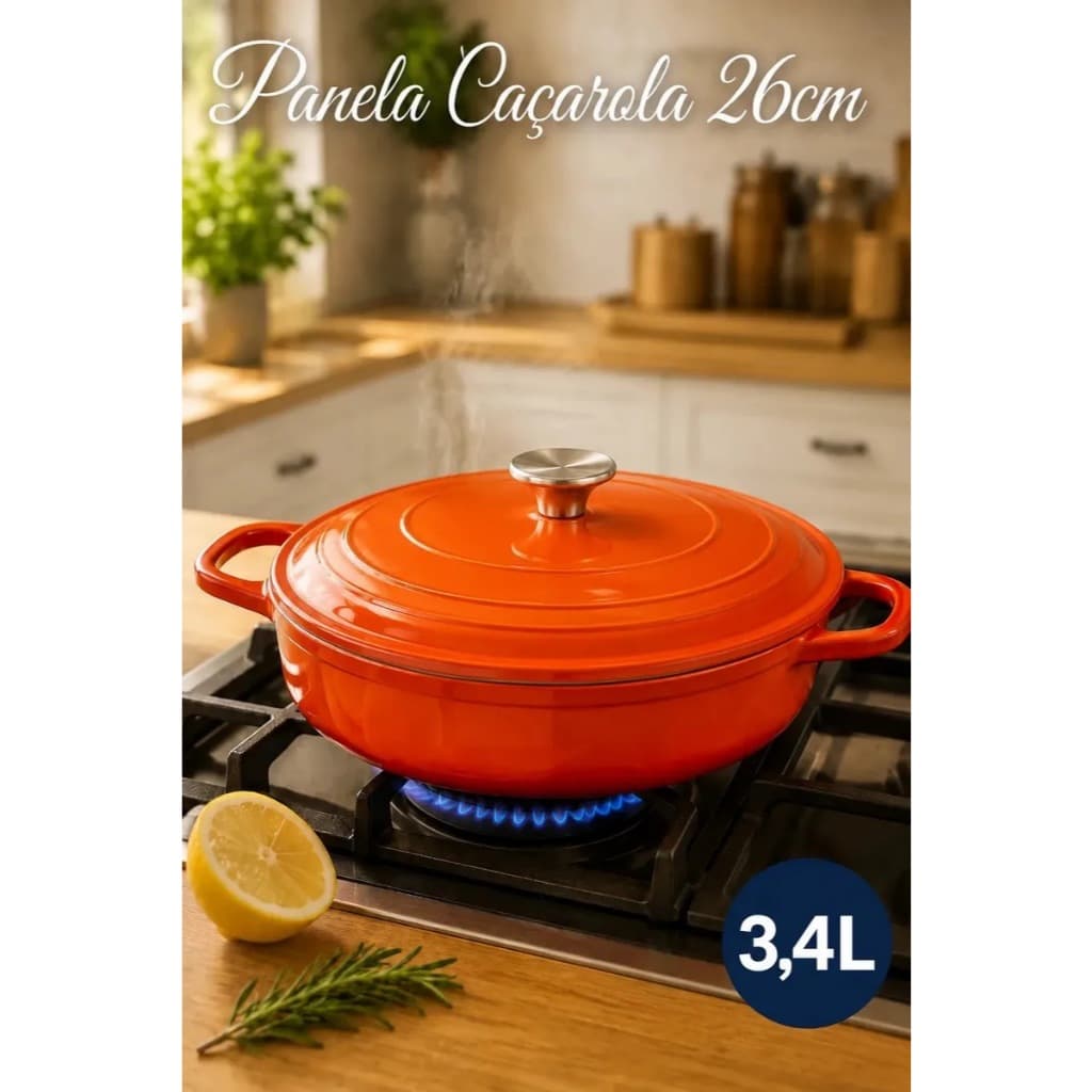 Panela Caçarola Laranja 26cm 3.4L Com Tampa Antiaderente Fogão Forno Indução Moderno Cozinha Leshop