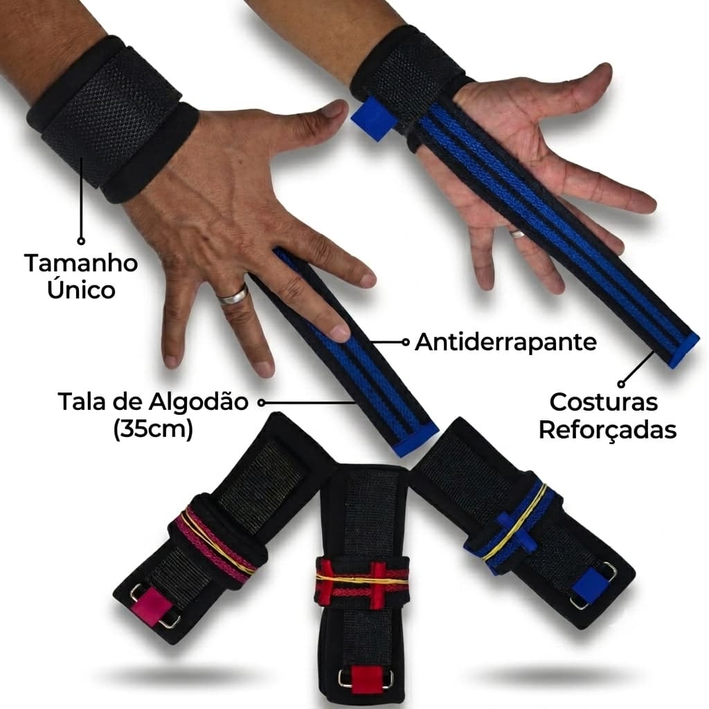 Par Strap com Munhequeira Academia Musculação Levantamento Terra Remada Pegada Firme Ajustável