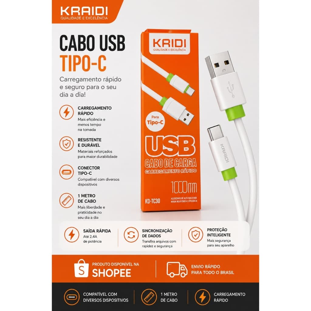 Cabo Tipo C Kaidi 1 Metro Silicone Carregamento Rápido Compatível