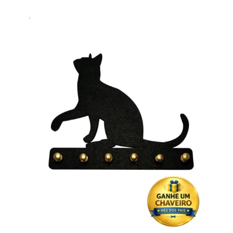 Porta-Chaves Pet Gato Brincando MDF Preto 20cm e Chaveiro
