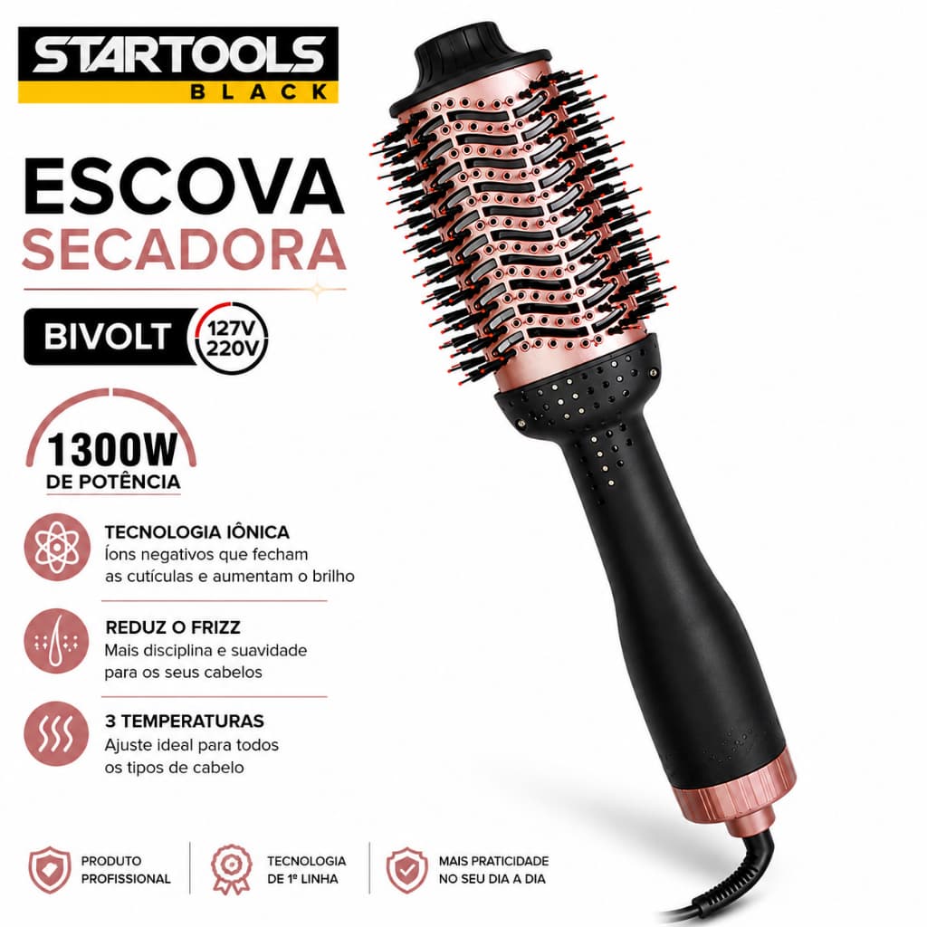 Escova Secadora Profissional Bivolt 1300W Modela Seca E Alisa Rápido