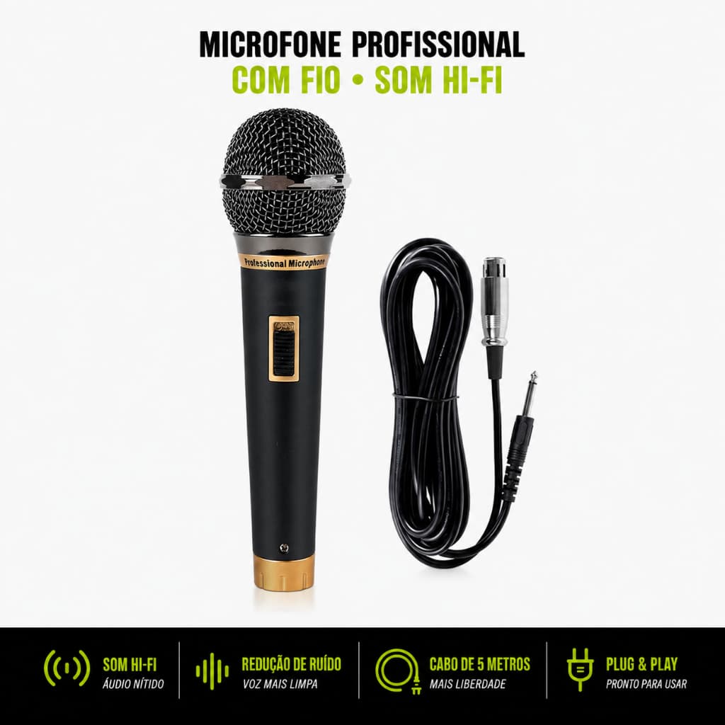 Microfone Dinâmico RD-4S Bobina Móvel Cabo XLR 5m DSP Redução Ruído