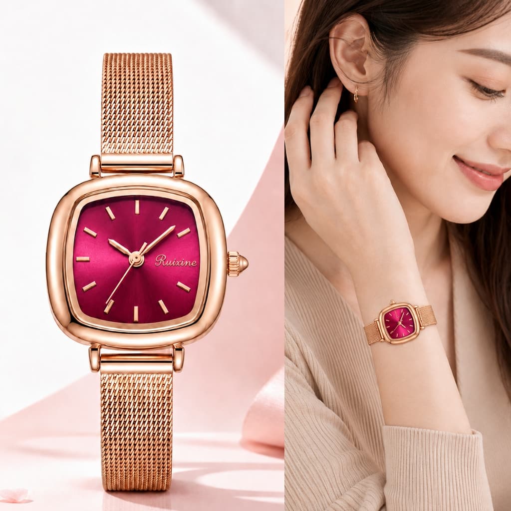 Ruixine Relógio Feminino Luxo à Prova d'Água Aço Inoxidável Malha Elegante Quartz Moda