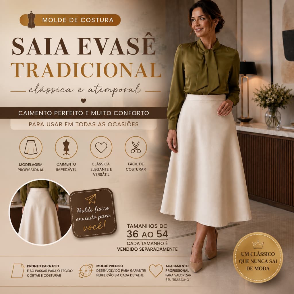 Molde de Costura Saia Evasê Tradicional Feminina | Modelagem Profissional 36 ao 54