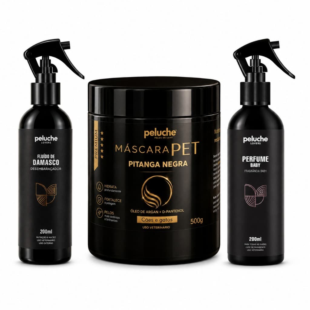 Kit Hidratação Pet Máscara Pitanga Negra 500g Fluído Desembaraçador 200ml Perfume Baby Peluche Cães Gatos