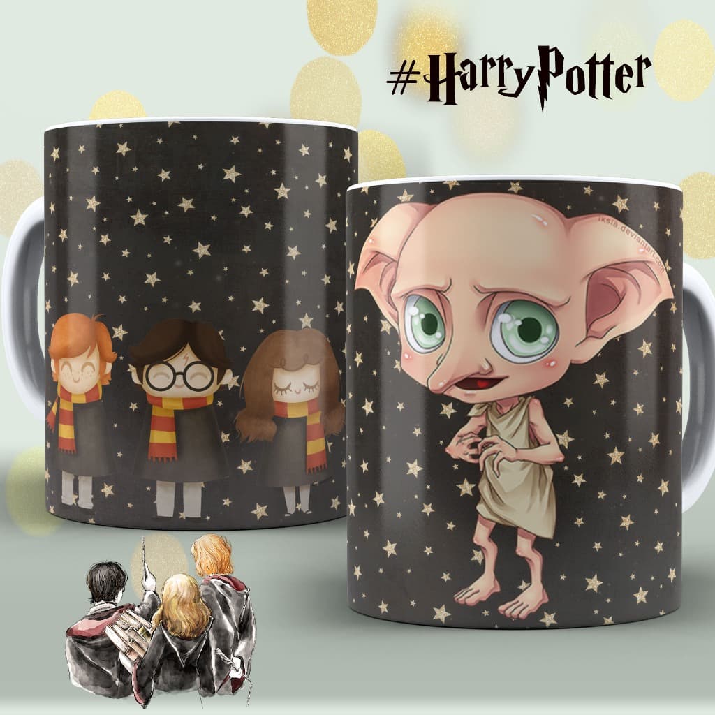 Caneca Harry Potter 325ml | Dobby e Trio de Hogwarts | Cerâmica Personalizada | Presente para Fãs da Saga