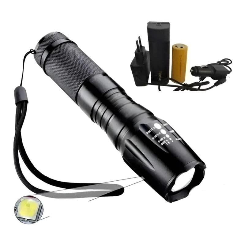 Lanterna Tática Militar X900 Recarregável LED Zoom + Bastão Sinalizador + Bateria e Carregador