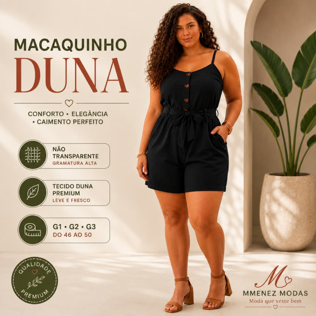 Macaquinho Feminino Plus Size Tecido Duna G1 G2 G3 Com Bolso Alça Regulável Elegante Confortável