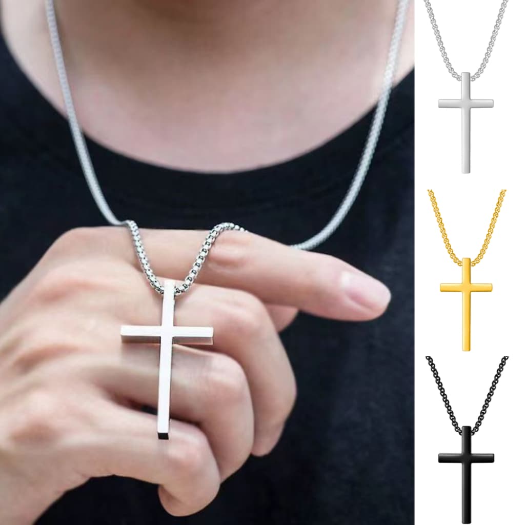 Colar Cruz Masculino Minimalista em Aço Inoxidável Preto Prateado Dourado Estiloso 60cm