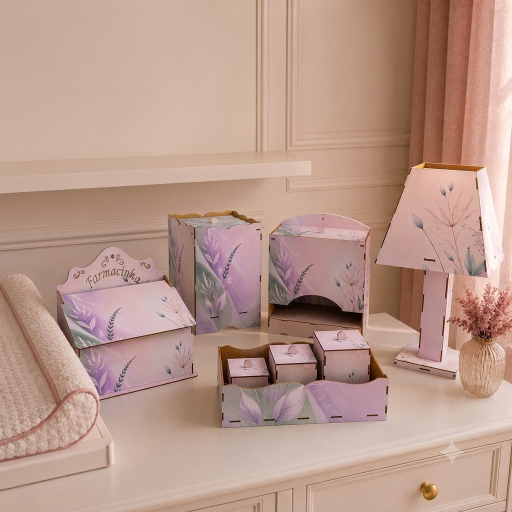 Kit Organizador Cuidados Bebê Recém Nascido Enxoval Mamãe Mdf Decorado Jardim Encantado Menina Rosa