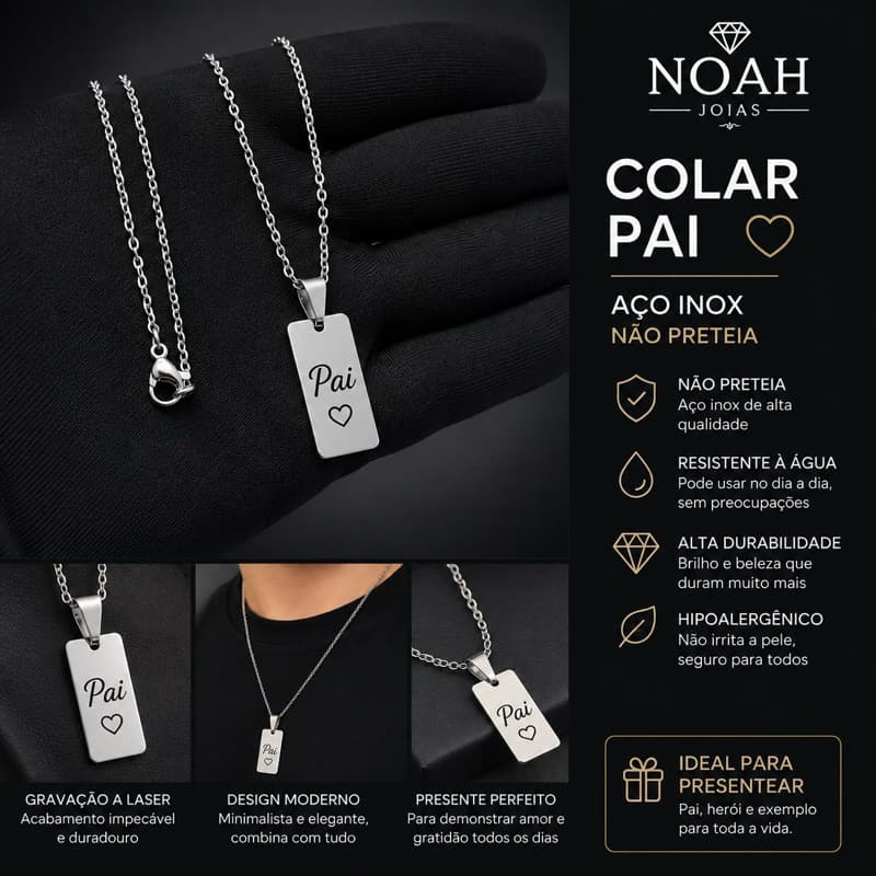 Colar Pai Personalizado com Nome e Coração em Aço Inox 60cm Não Preteia