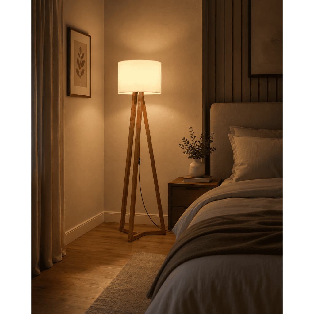Abajur de Chão Tripé Madeira Luminária Decorativa para Sala Quarto Escritório Luz Ambiente Cabo 1,5m Moderna