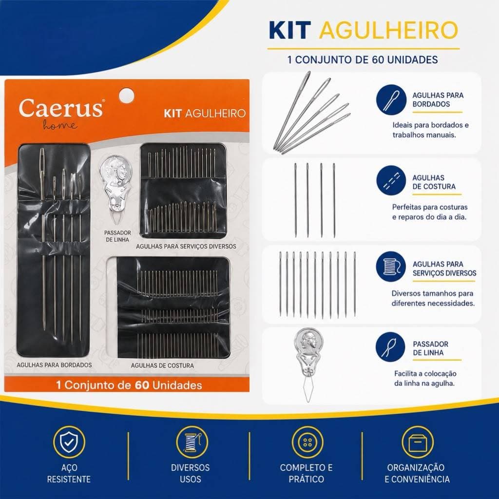 Kit Agulhas de Costura 60 Peças com Passador de Linha Agulheiro Bordado Costura Artesanato Completo