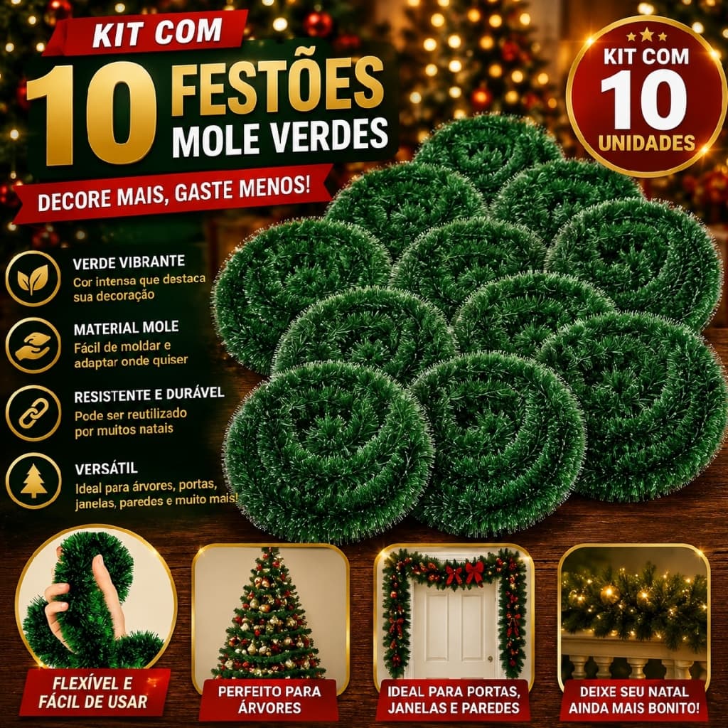 Festão Mole Verde Enfeite De Natal 2m Decoração Festa Promoção 7 cm Para Árvore de Natal 3/5/10 Peças Verde ou Nevado