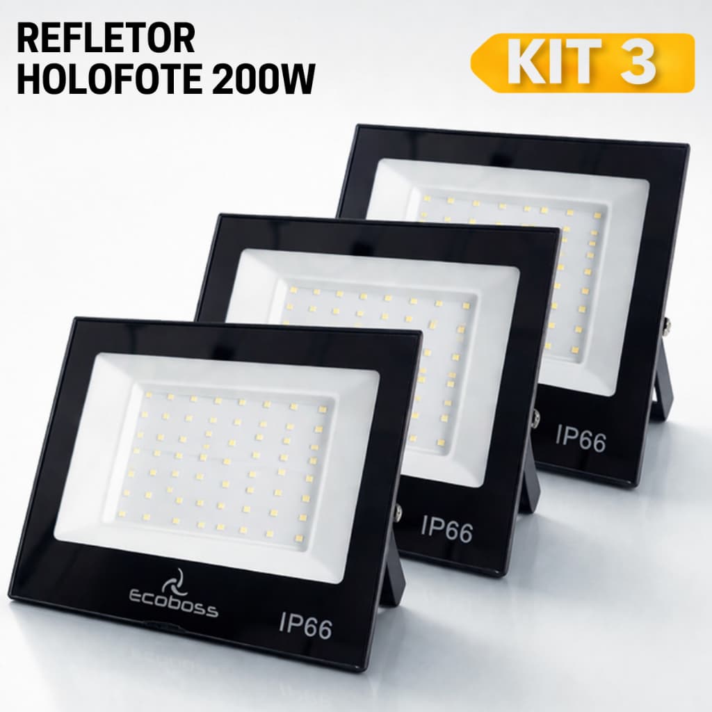 Kit 3 Holofotes LED 200W Branco Frio 6500K IP66 Bivolt Slim Refletor Alta Potência