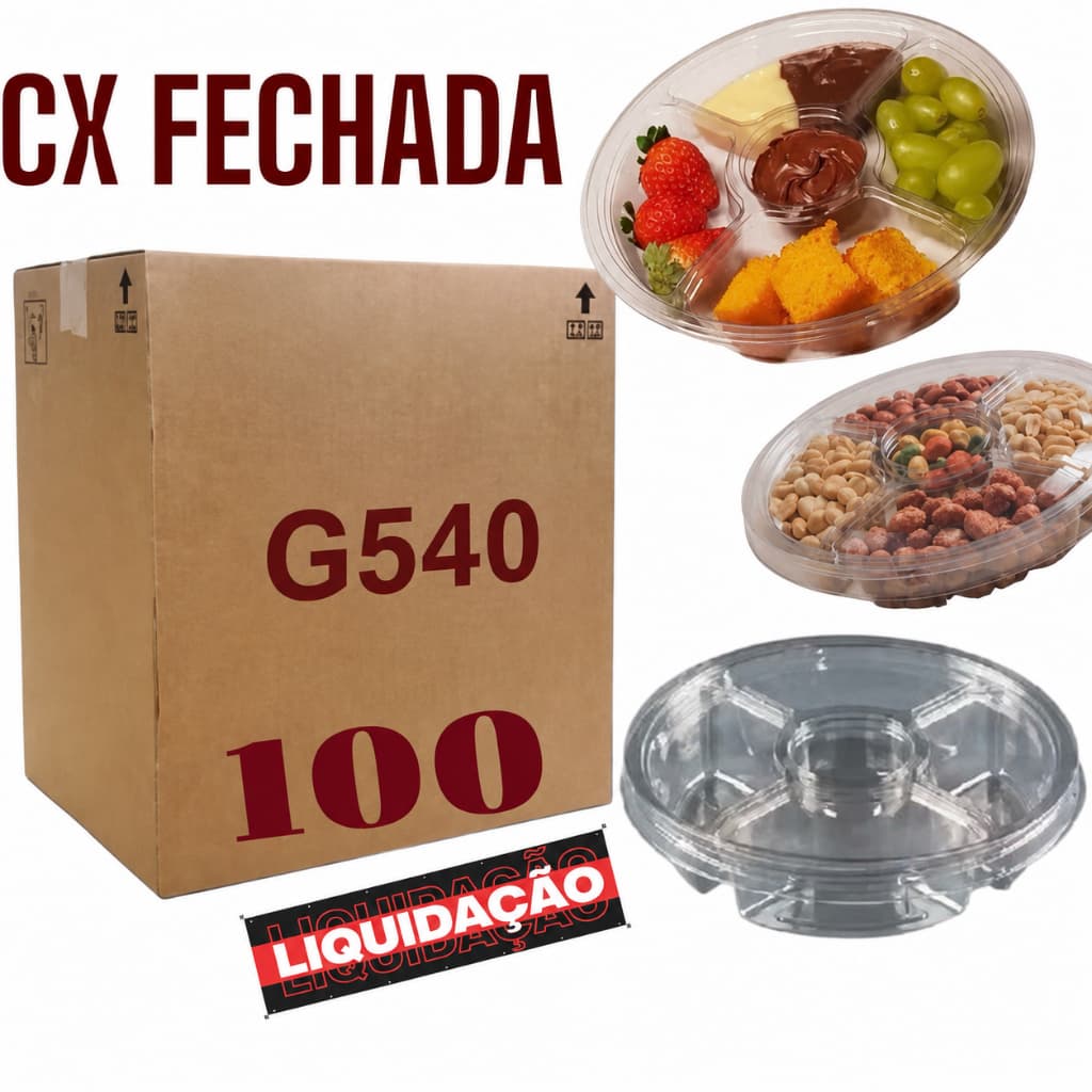 Cx c/100 Embalagem Petisqueira 4 Divisórias G540 Transparente Com Tampa (CHOCO)